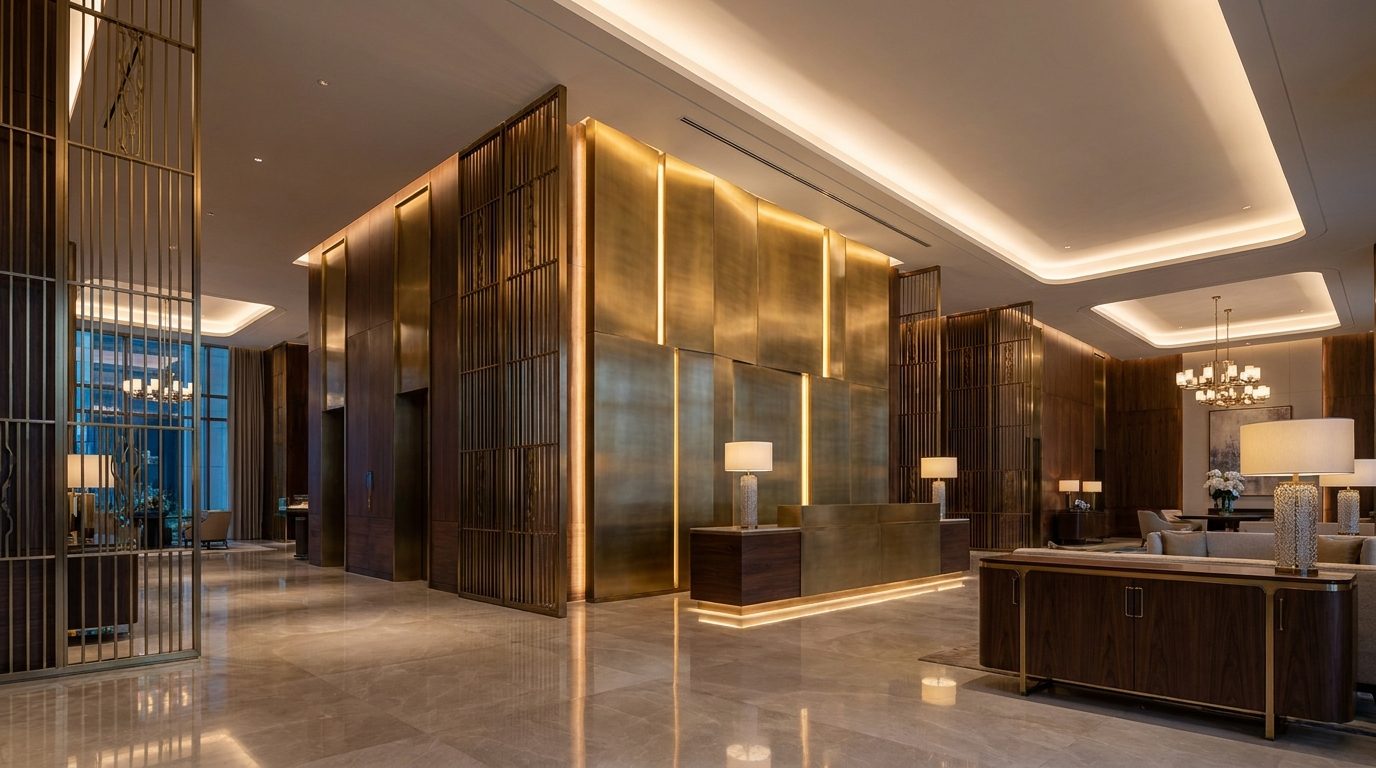 Architectural metalwork in a hotel lobby