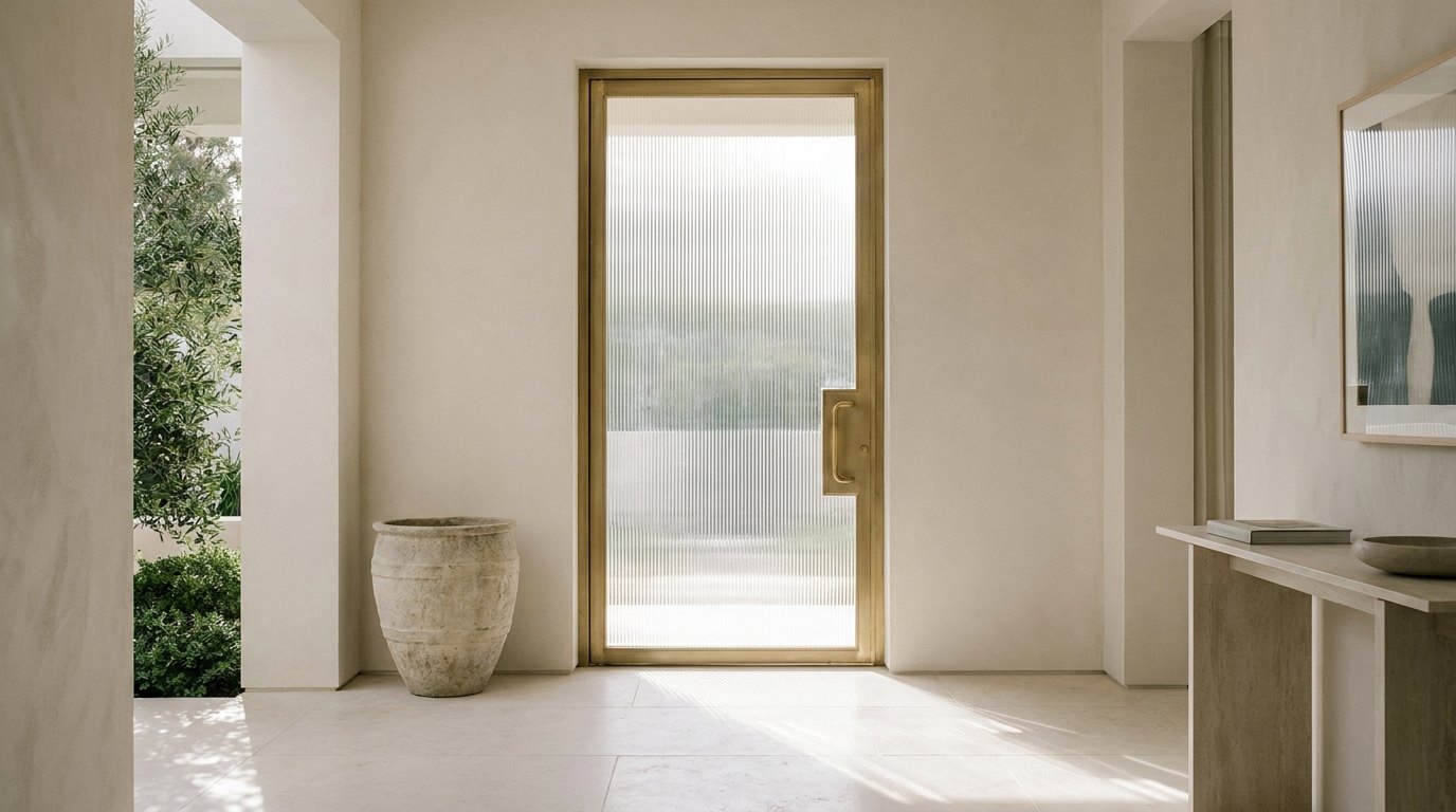 Fluted glass door in a brushed-brass frame by Dekap