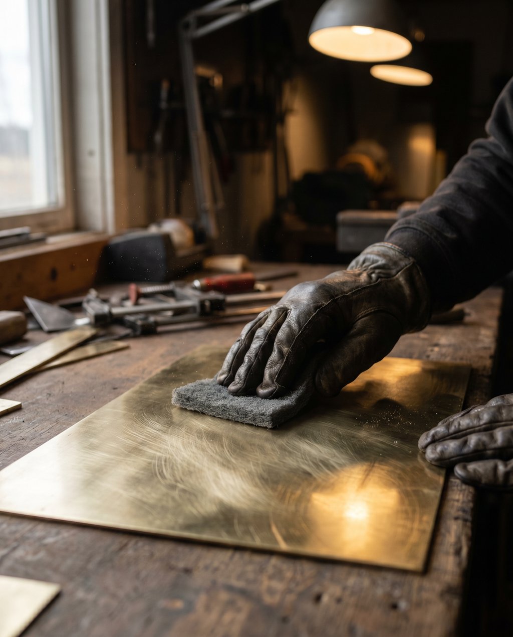 Applying patina by hand to a brass panel in the atelier