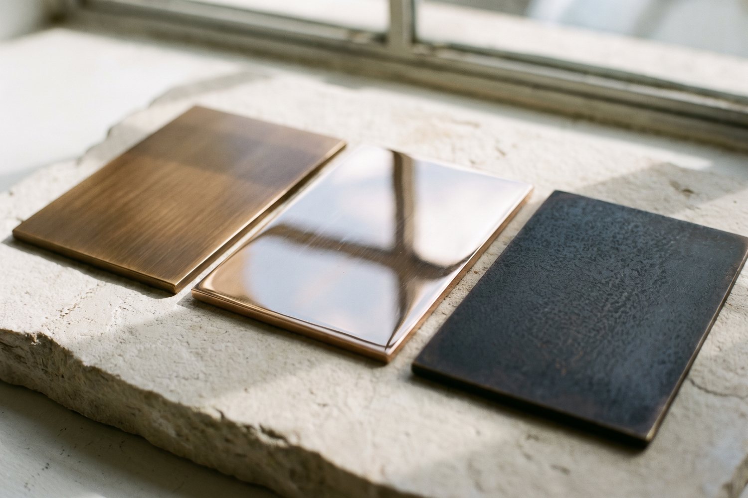 Brushed bronze sample plate, warm matte brown-gold, and patinated bronze in a deep near-black tone