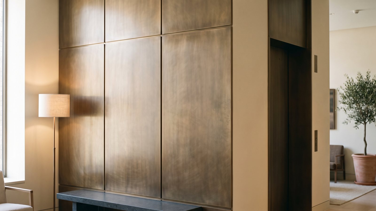Brushed bronze clad wall in a warm lobby interior