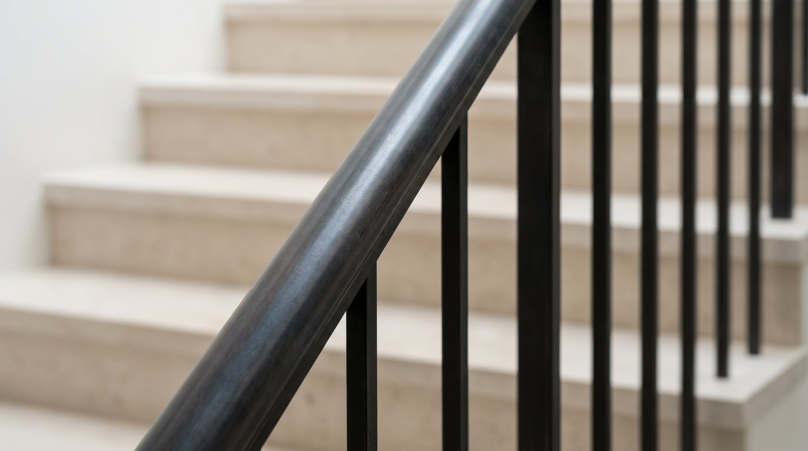 Blackened steel balustrade on a pale stone staircase