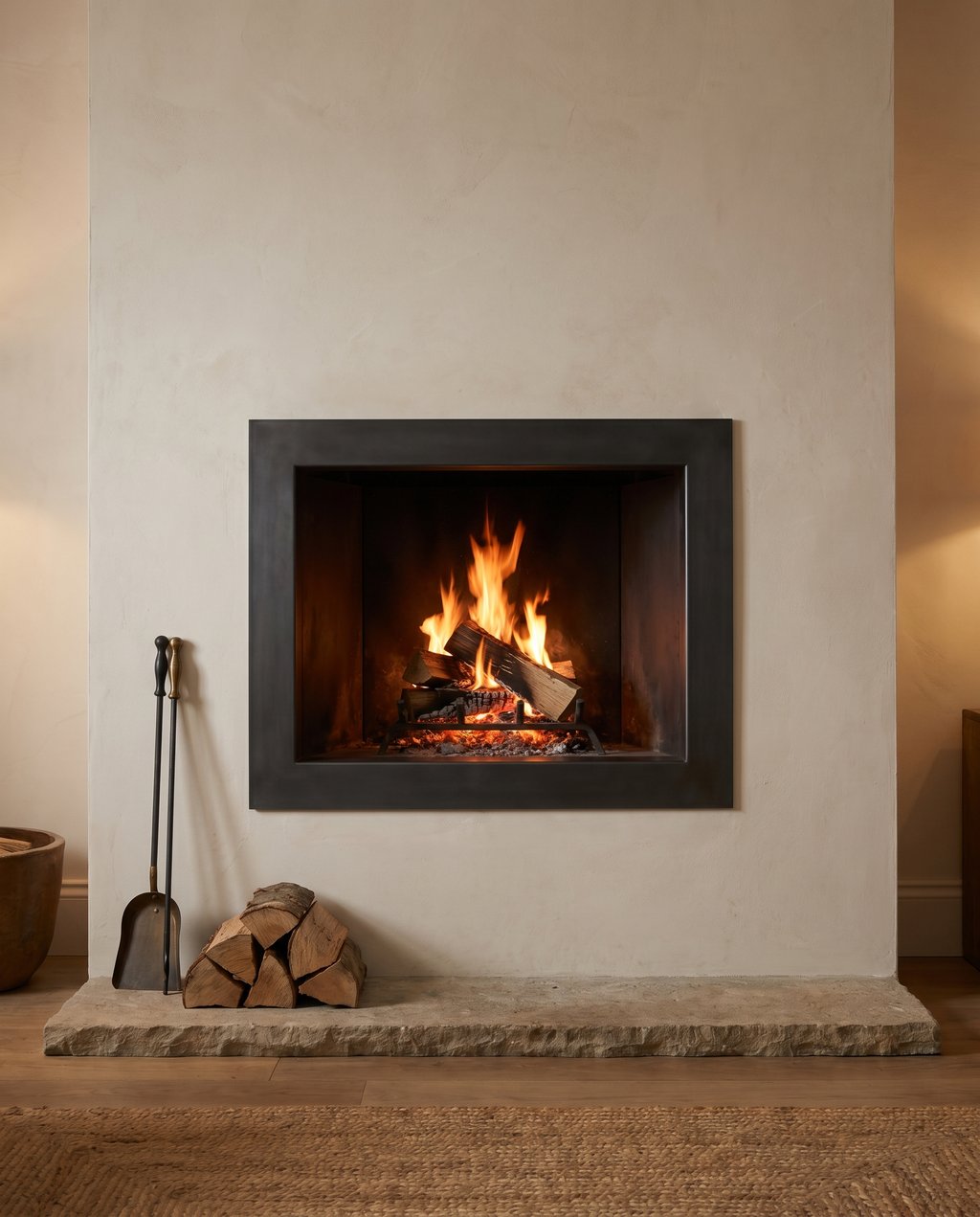 Blackened steel fireplace surround in an interior
