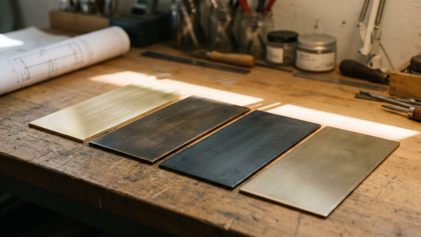 Flat metal finish sample plates on an atelier bench