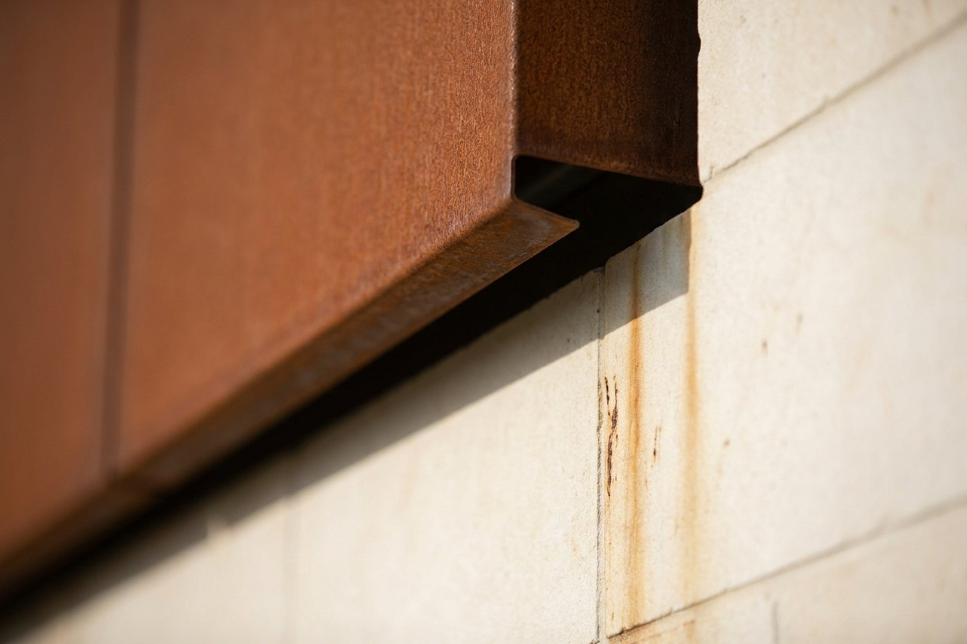 Corten steel facade detail with a drip edge over pale stone