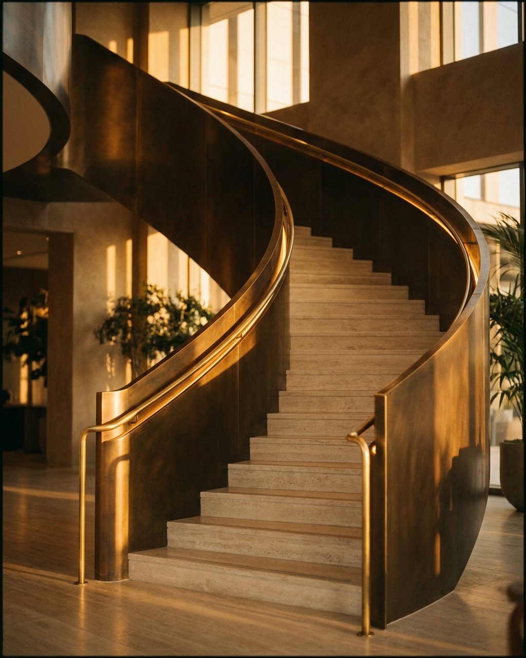 Bronze balustrade feature stair in a hotel lobby at golden hour
