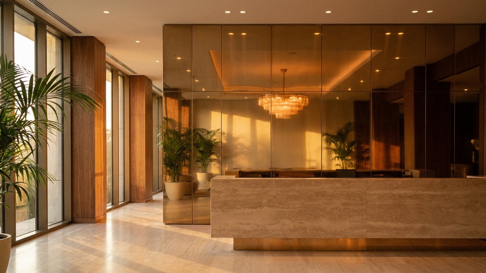Gold PVD metal feature wall behind a hotel reception