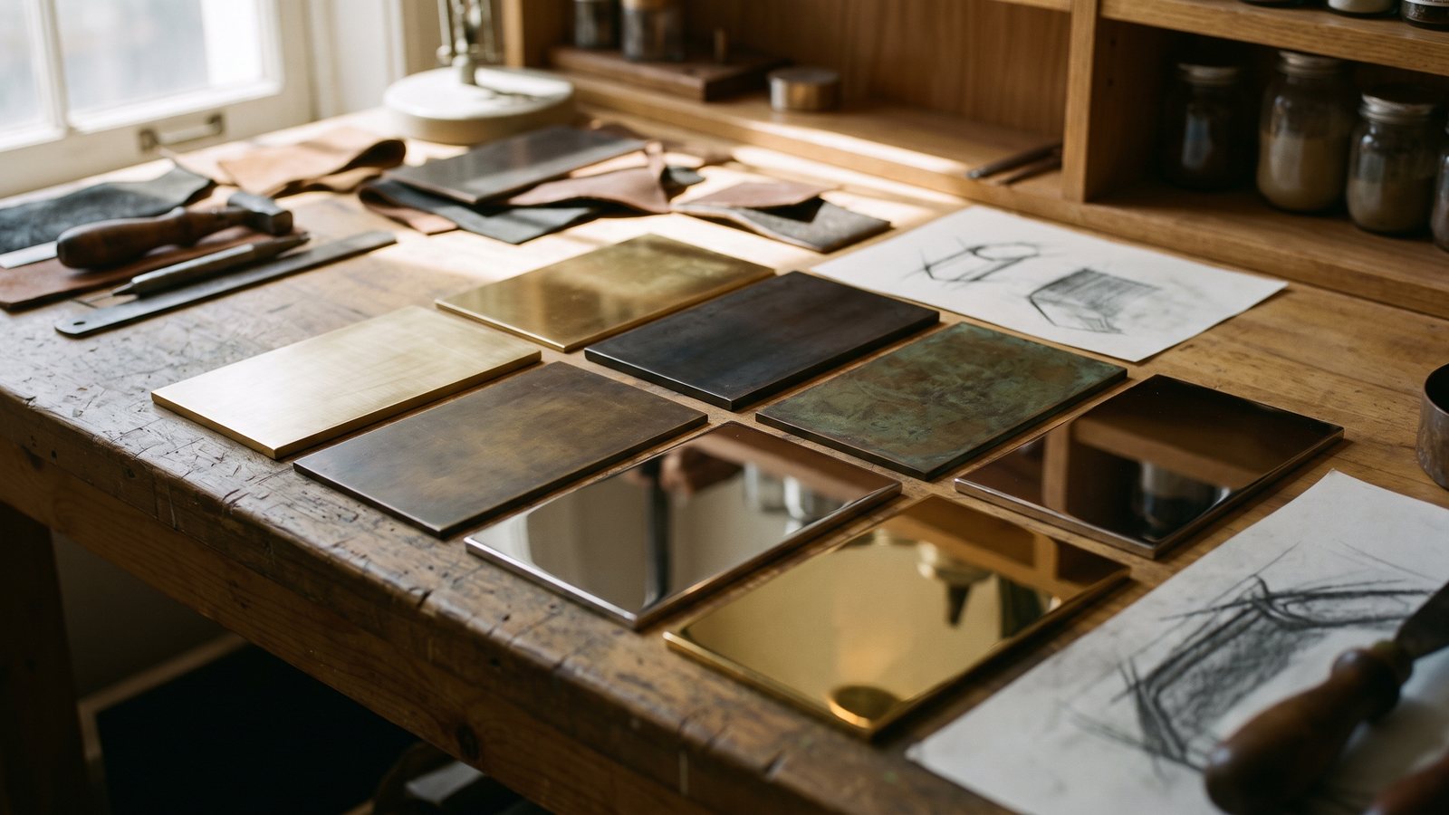 Architectural metal finish sample plates laid together on a bench