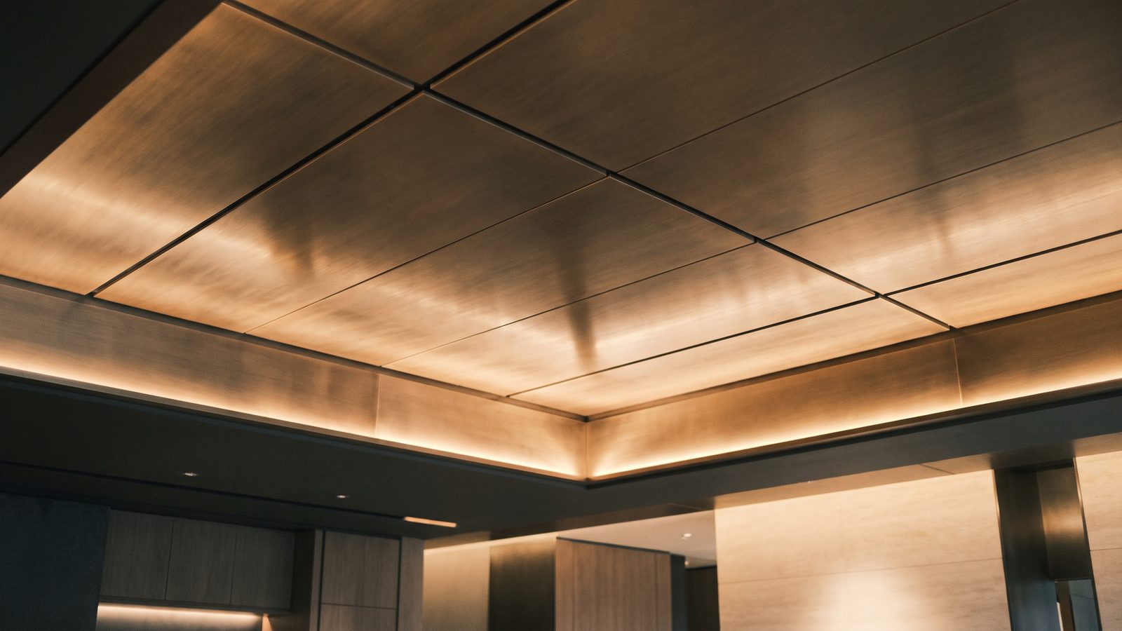 Metal mesh ceiling soffit passing light from above