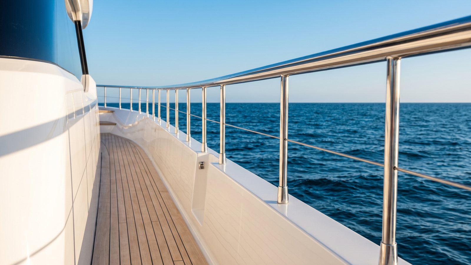 Brushed stainless steel guard rail on a yacht deck at sea