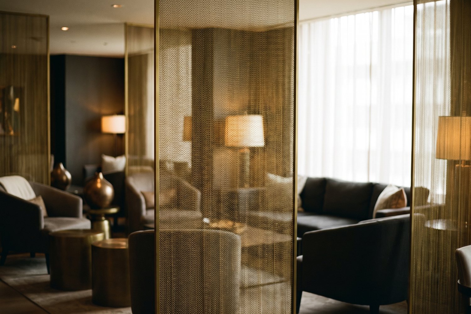 Brass woven mesh screen dividing an interior