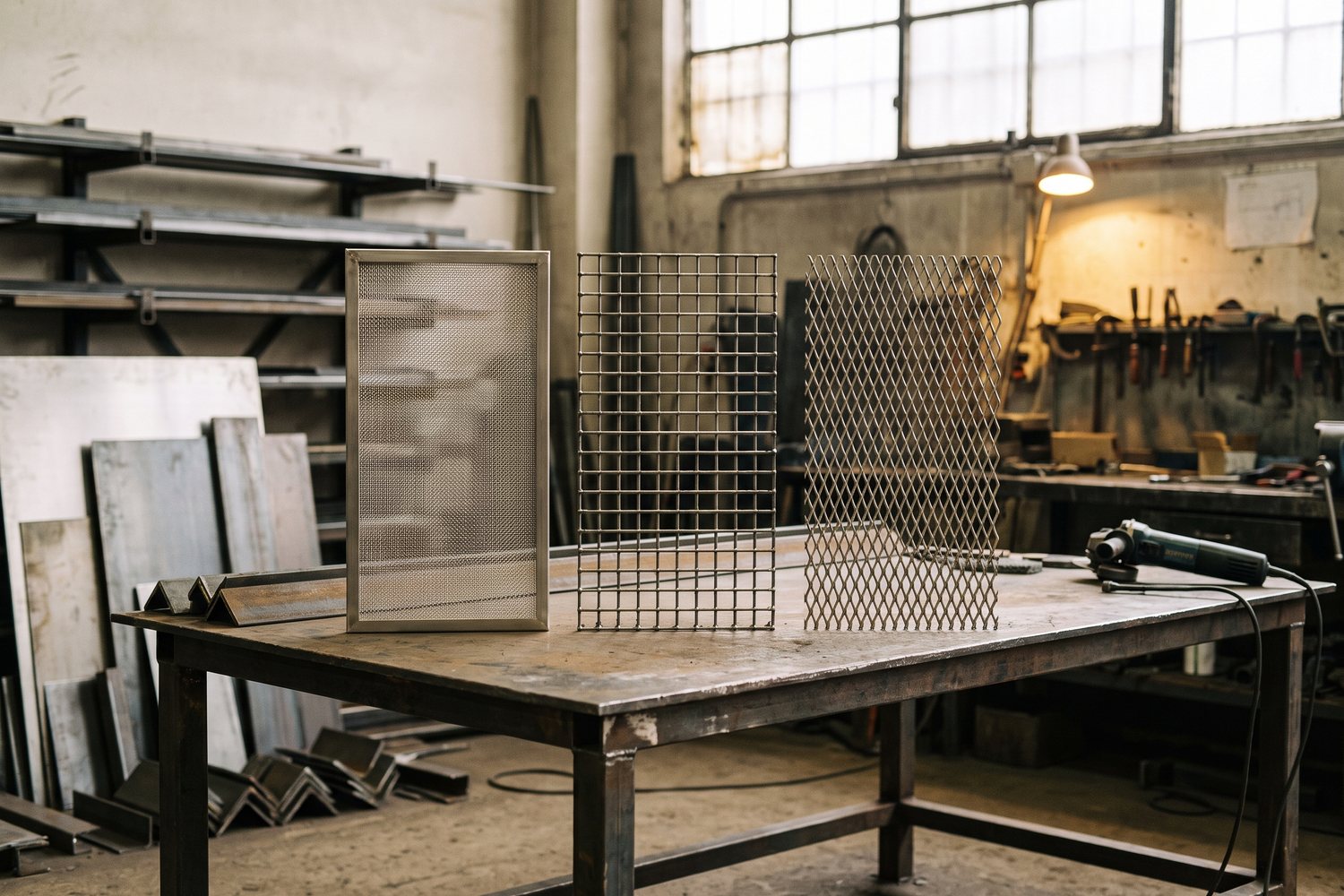 Woven metal mesh, welded metal mesh grid and expanded metal sheet sample panels