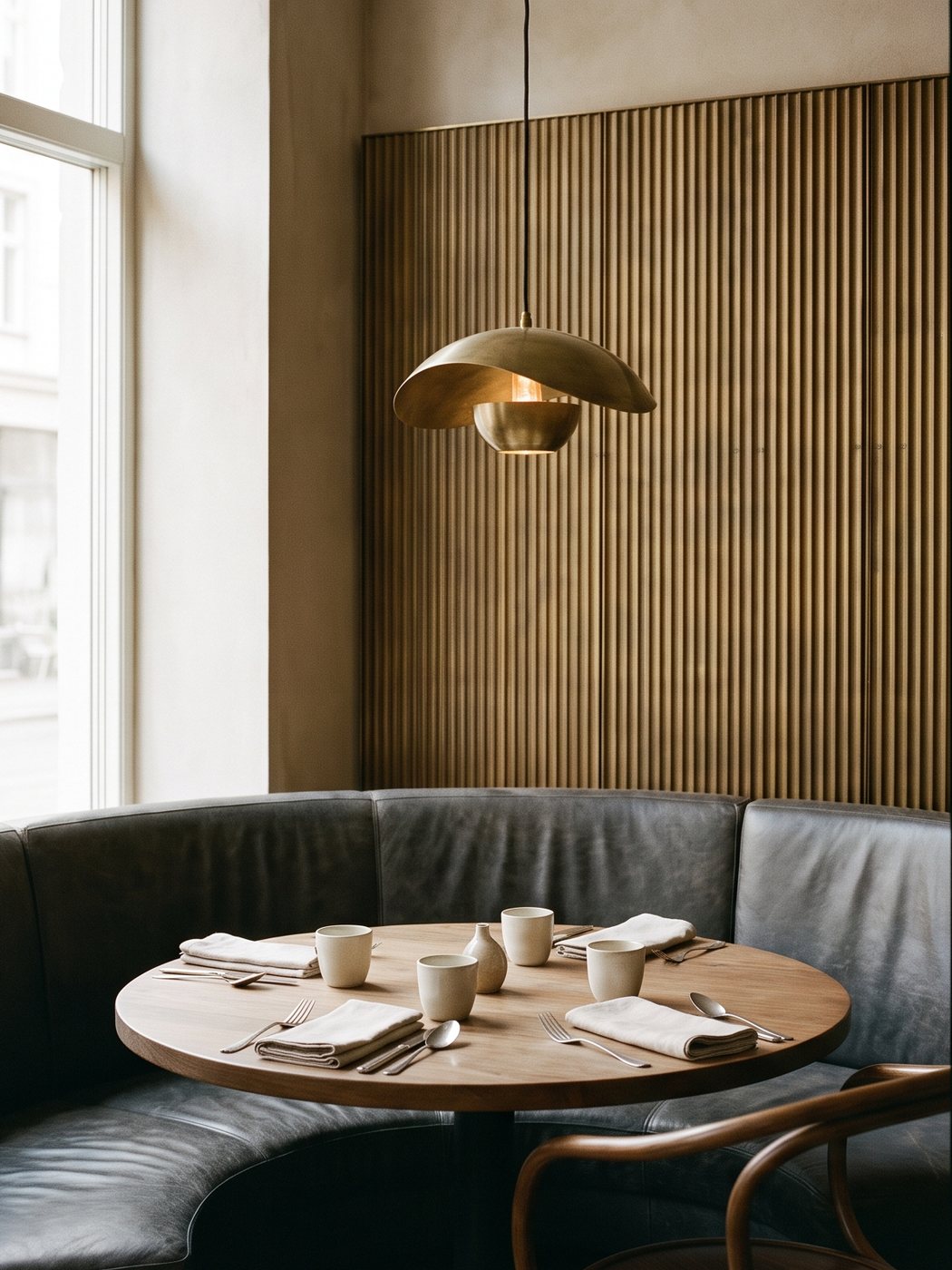 Bronze feature wall behind a leather banquette in a restaurant
