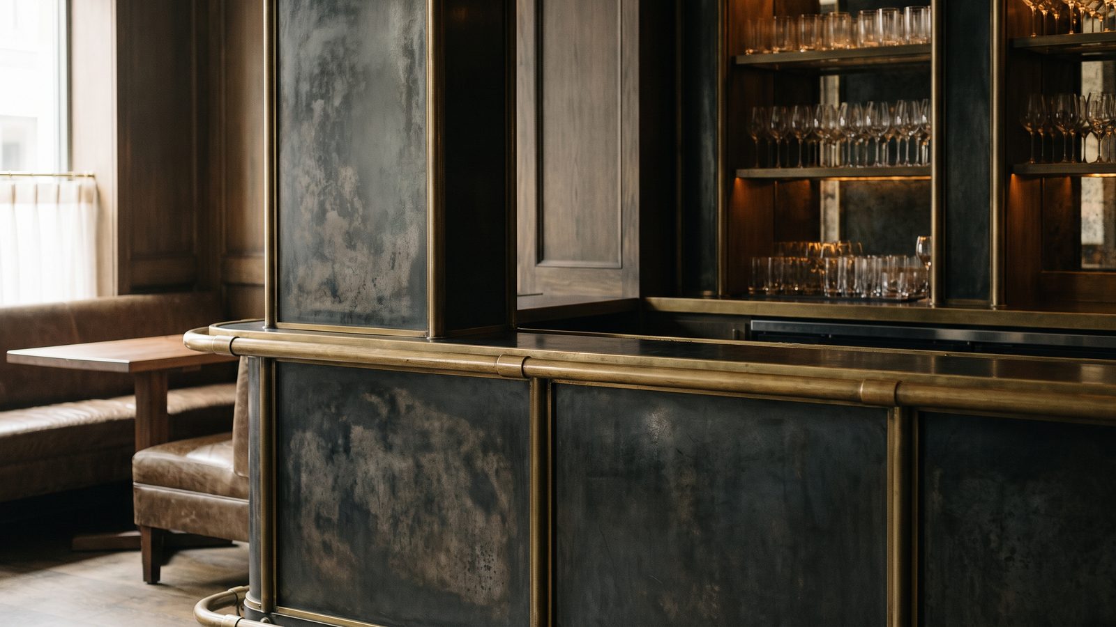 Blackened steel and brass back bar in a warm restaurant