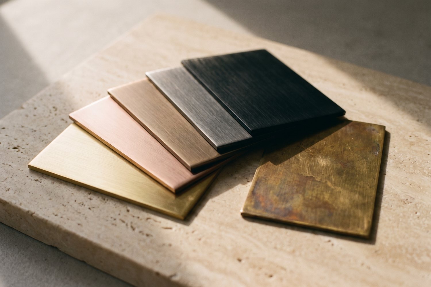 PVD coloured stainless steel sample plates with patinated brass