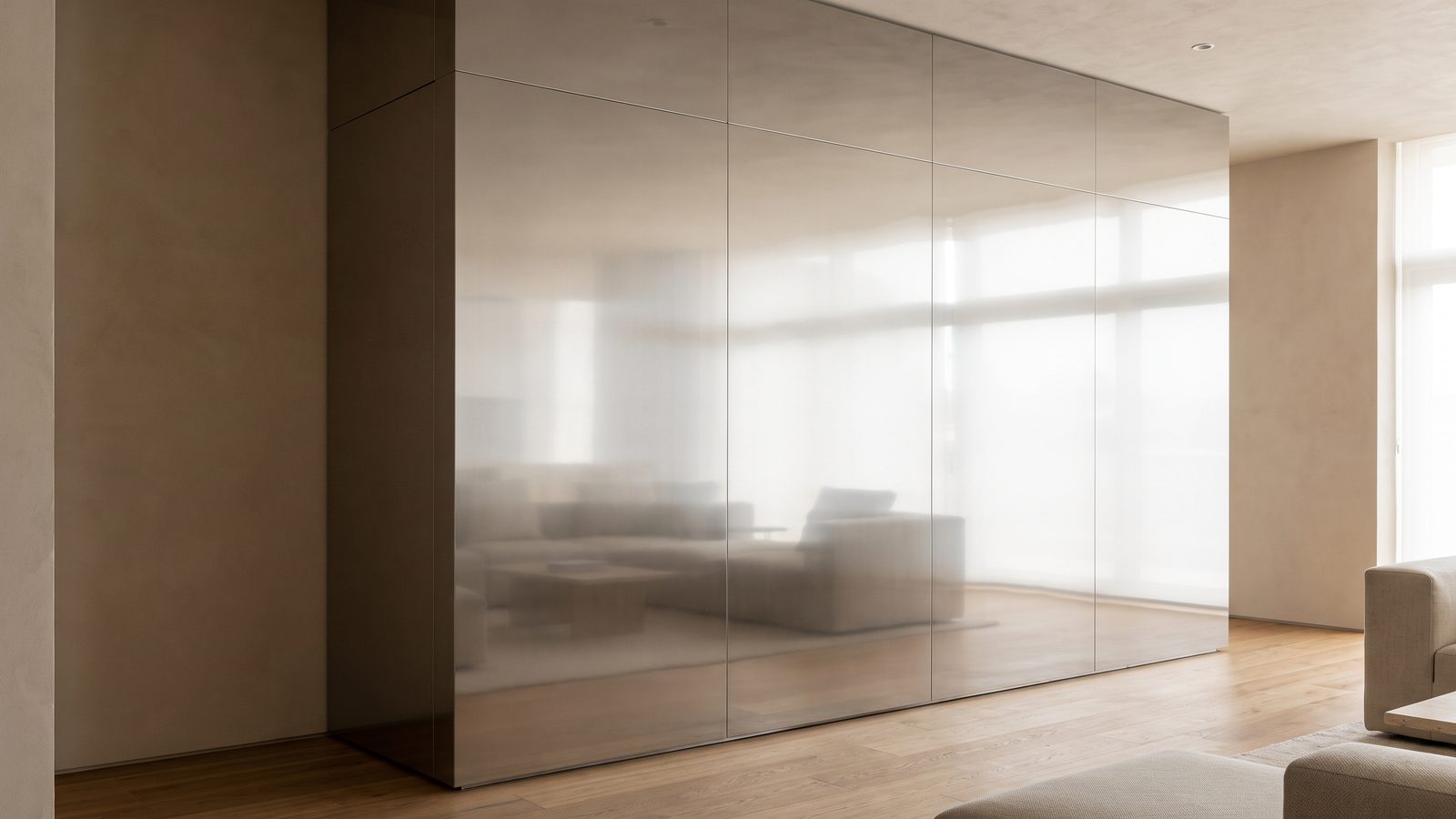 Flat mirror-polished stainless steel feature panel reflecting a warm interior