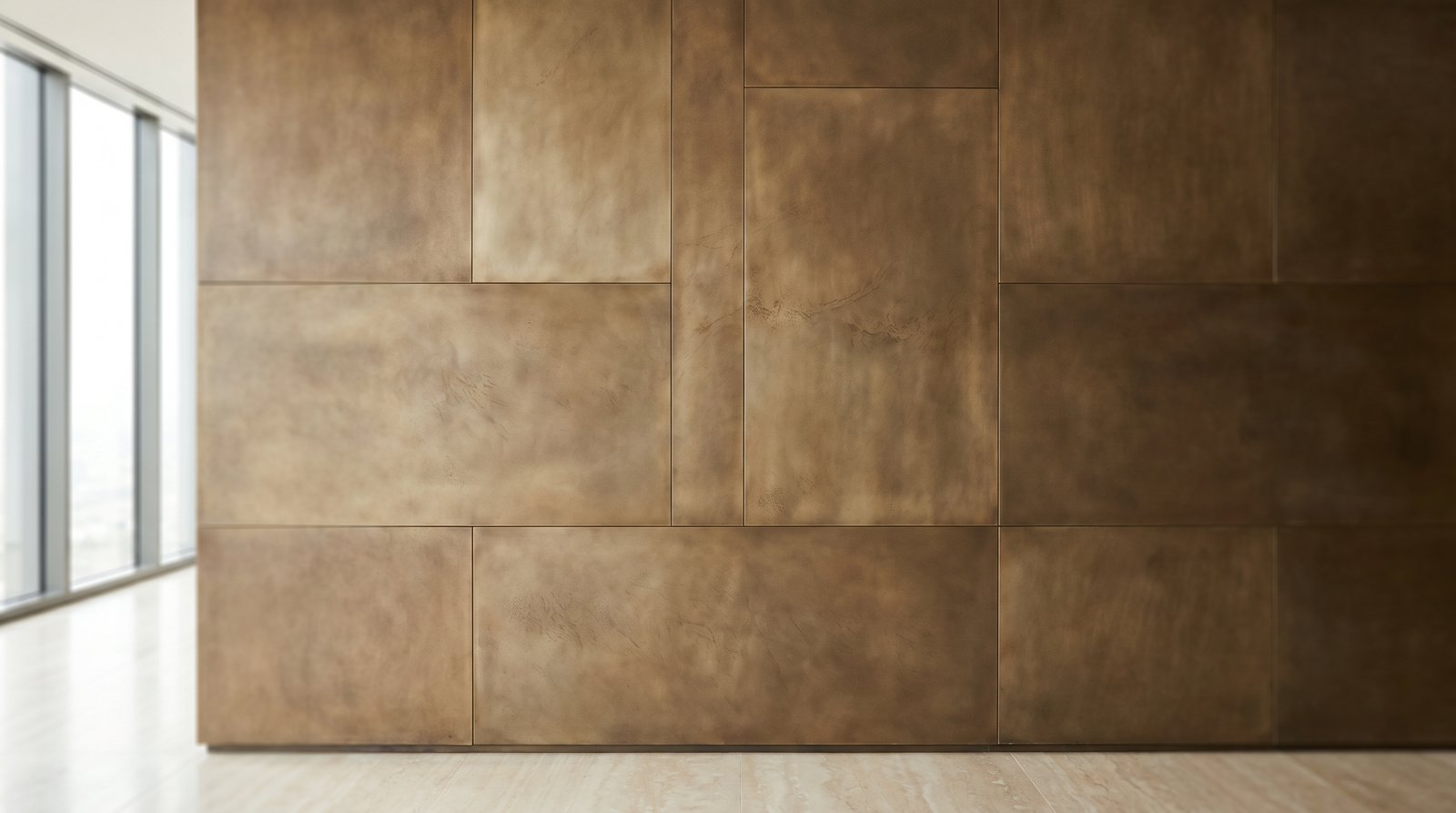 Patinated bronze cladding as an interior feature wall