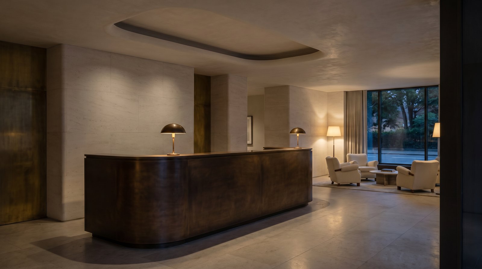 Patinated bronze reception desk in a hotel lobby