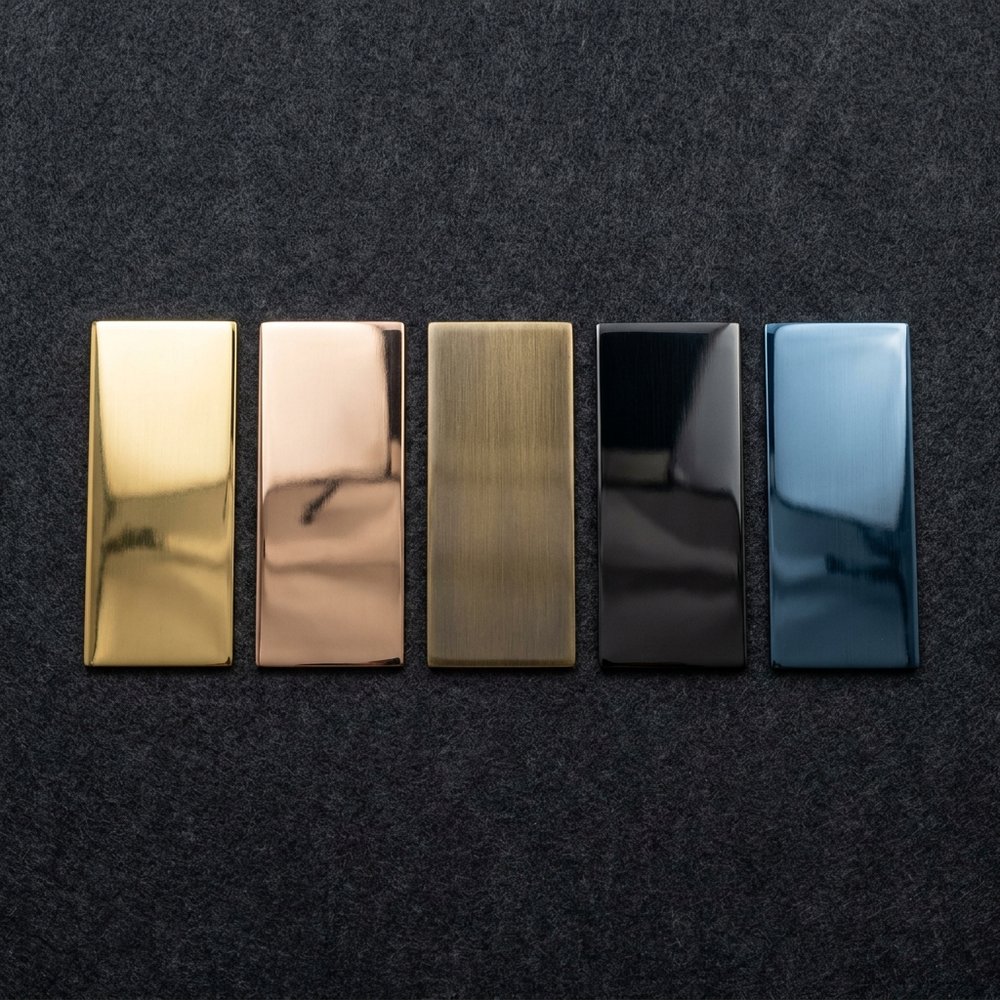 PVD coloured stainless sample plates, gold to black