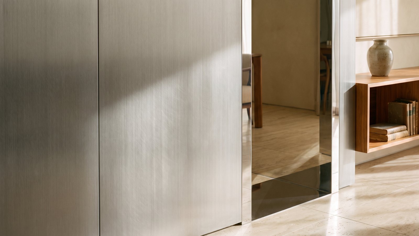 Brushed and mirror stainless steel feature in a warm interior