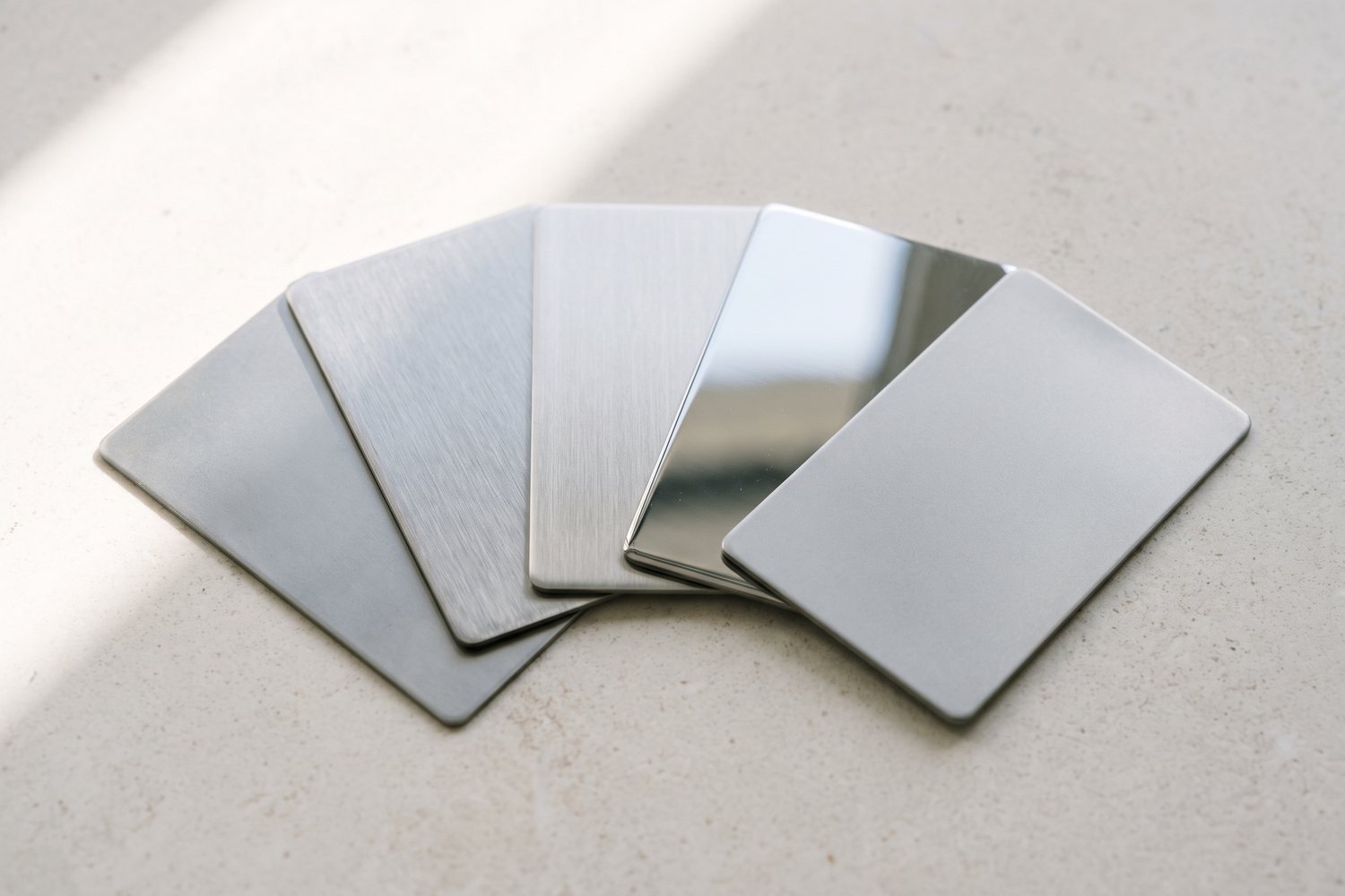 Stainless steel finish sample plates: 2B, brushed, satin, mirror, bead blasted