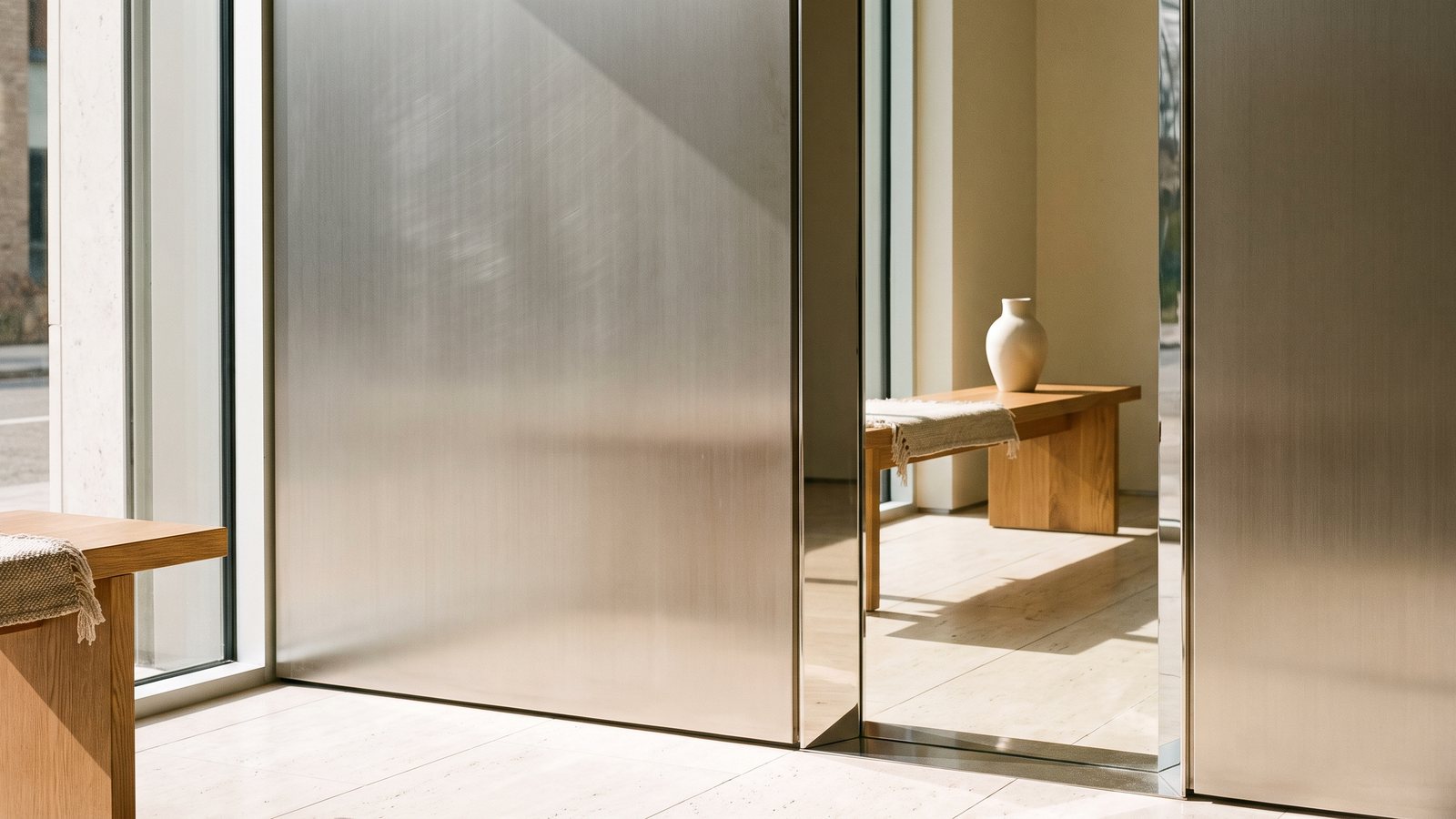 Brushed and mirror stainless steel surfaces in an interior