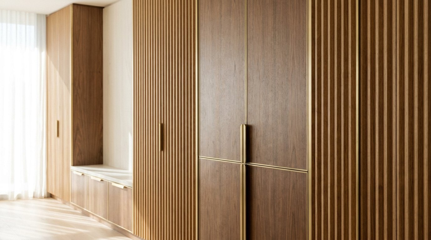 Fluted timber joinery with brass reveals by Dekap