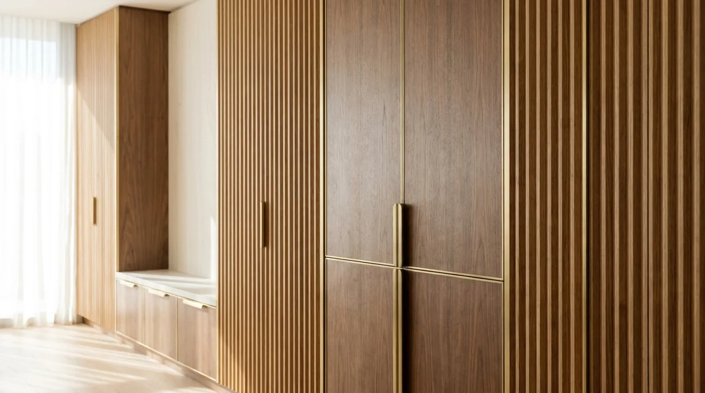 Fluted timber joinery with brass reveals