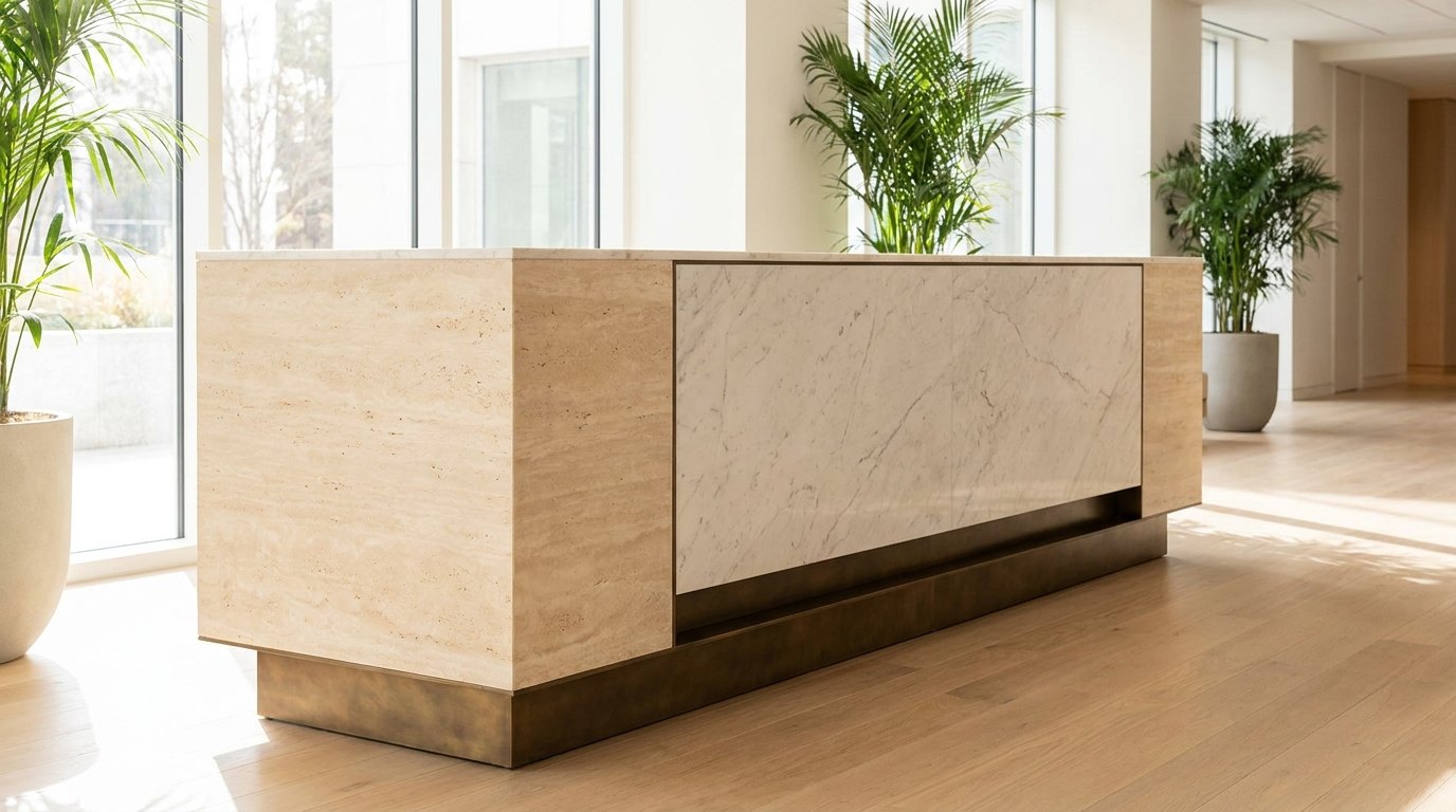 Travertine and marble reception with bronze base by Dekap